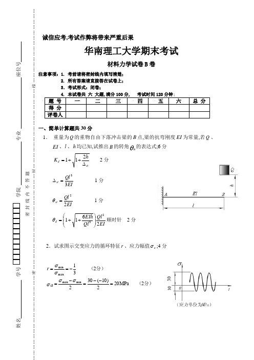 材料力学期末统考试卷B答案