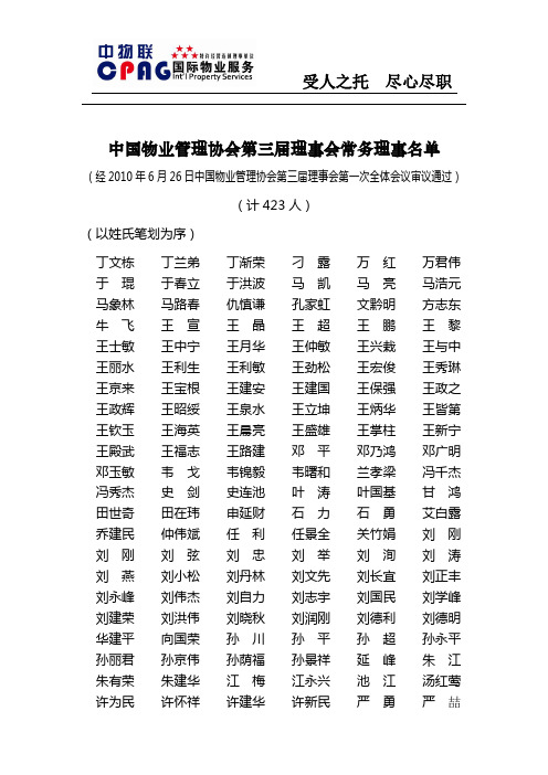 中国物业管理协会第三届理事会常务理事名单[1]