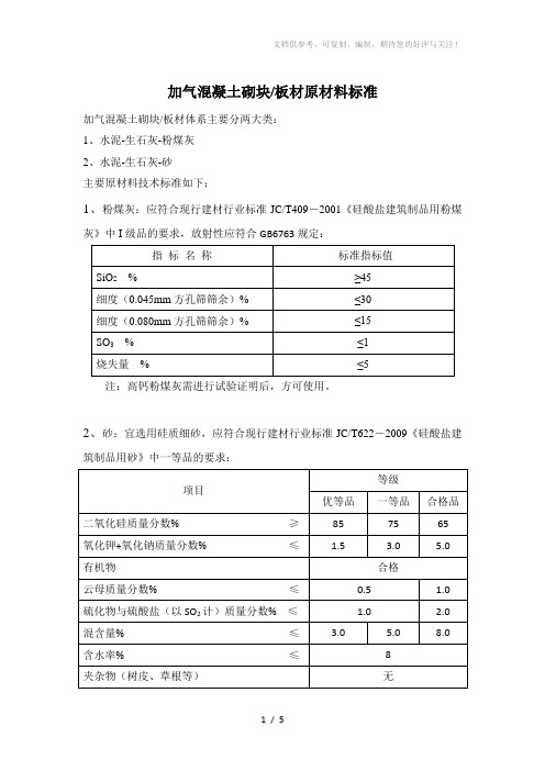 加气混凝土砌块原材料标准