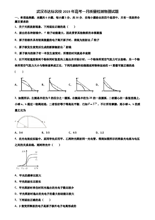 武汉市达标名校2019年高考一月质量检测物理试题含解析