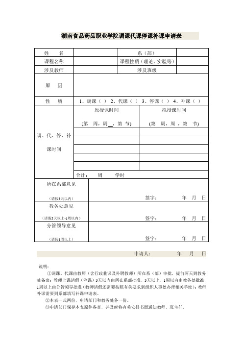 湖南食品药品职业学院调课代课停课补课申请表