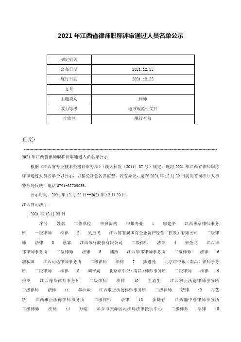 2021年江西省律师职称评审通过人员名单公示-