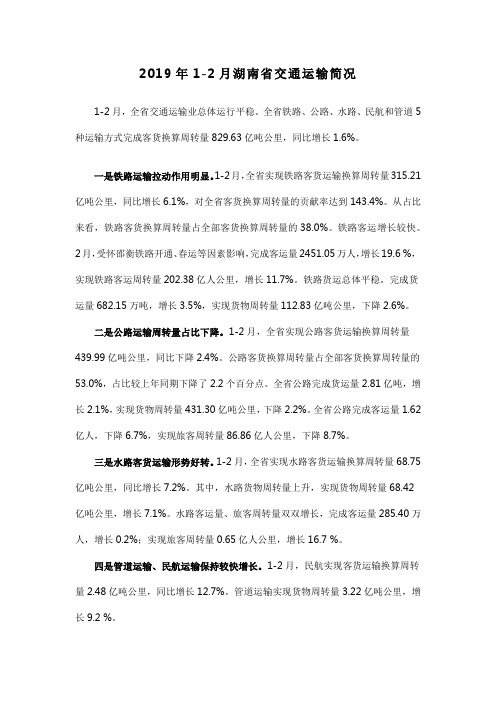 2019年1-2月湖南省交通运输简况