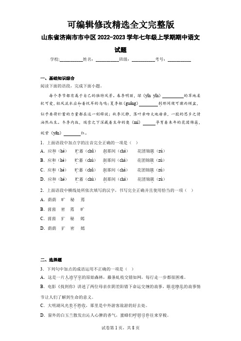 山东省济南市市中区2022-2023学年七年级上学期期中语文试题(含答案)精选全文完整版