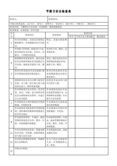 节假日安全检查表