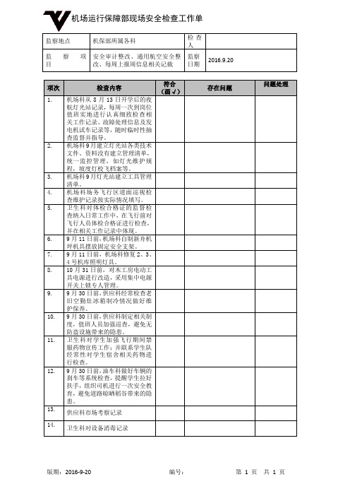 机场运行保障部现场安全检查工作单