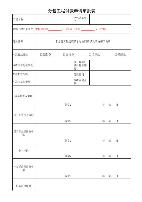 分包工程付款申请审批表