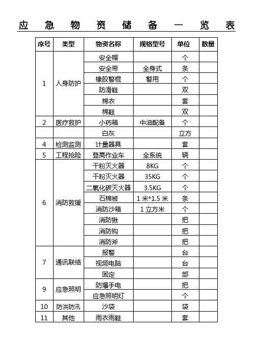 应急物资储备一览表格模板