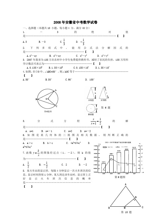 2008年安徽中考数学试卷(整理打印版)