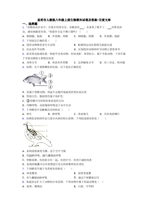 昆明市人教版八年级上册生物期末试卷及答案-百度文库