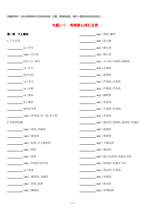 2019届中考英语总复习 默写手册 专题一 考纲核心词汇分类 (新版)外研版