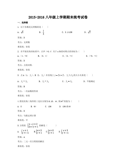 2015-2016深圳福田区八年级上学期期末数学试卷及答案解析--