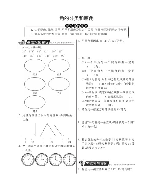 角的分类和画角·数学苏教版四上-特训班(含答案)
