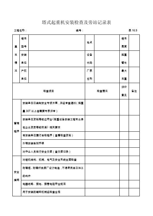 塔式起重机安装检查及旁站记录表