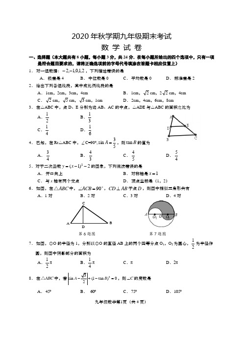 2020年秋学期九年级期末考试数学试卷及答案