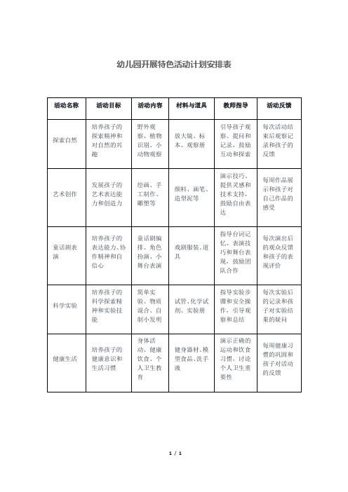 幼儿园开展特色活动计划安排表