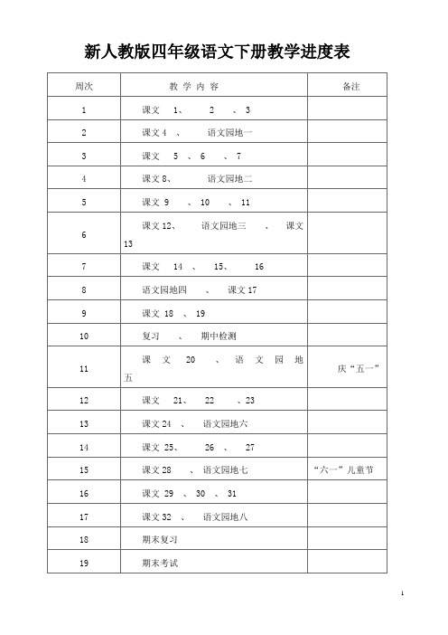 新人教版四年级语文下册全册教案及教学进度计划-表格