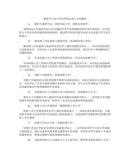 建筑学专业大学世界排名前十名有哪些