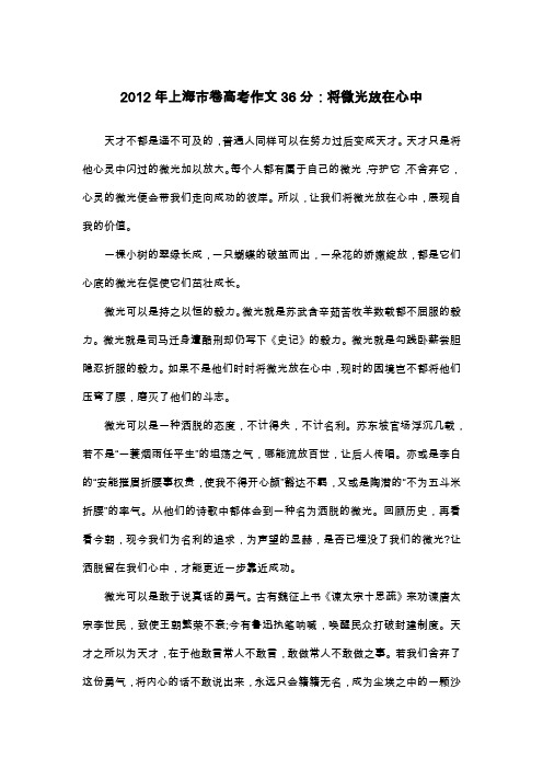 2012年上海市卷高考作文36分：将微光放在心中_散文