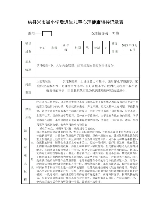 后进生儿童心理健康辅导记录表