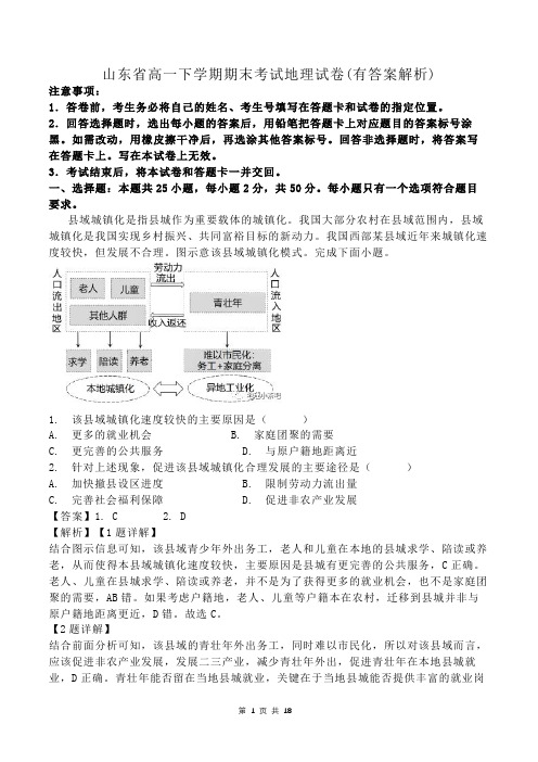 山东省高一下学期期末考试地理试卷(有答案解析)