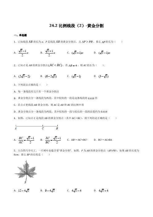 242 比例线段(2)(作业)-黄金分割-2021-2022学年九年级数学上(沪教版)(原卷版)