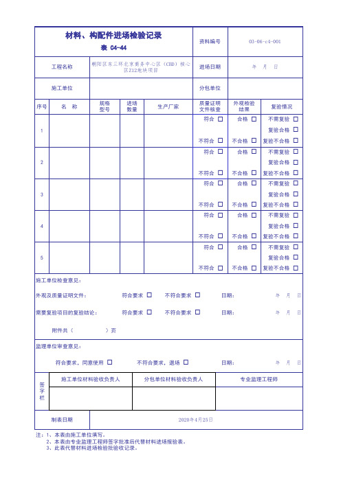 表c4-44 材料、构配件进场检验记录(模板)