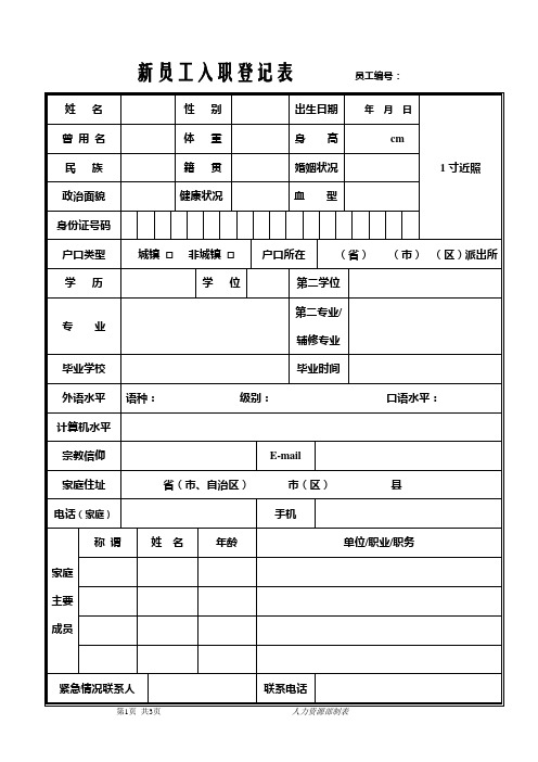 新员工入职登记表      员工编号