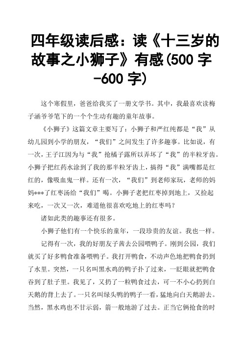 四年级读后感：读《十三岁的故事之小狮子》有感500字600字