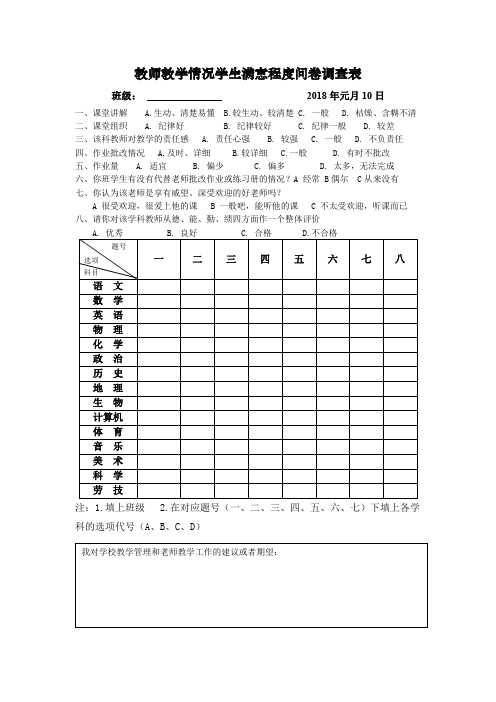 教师教学学生满意程度问卷调查表