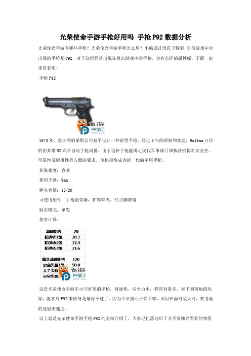 光荣使命手游P92好用吗 属性分析