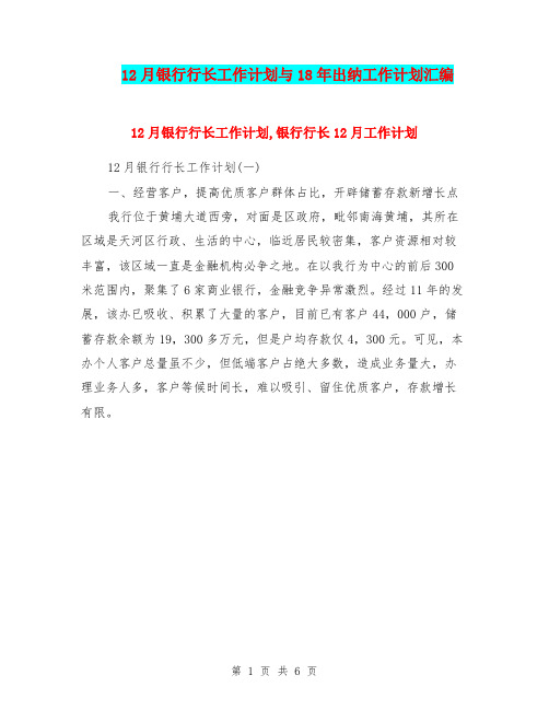 12月银行行长工作计划与18年出纳工作计划汇编