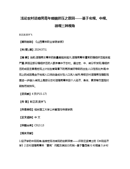 浅论农村适婚男青年婚姻挤压之原因——基于宏观、中观、微观三种视角