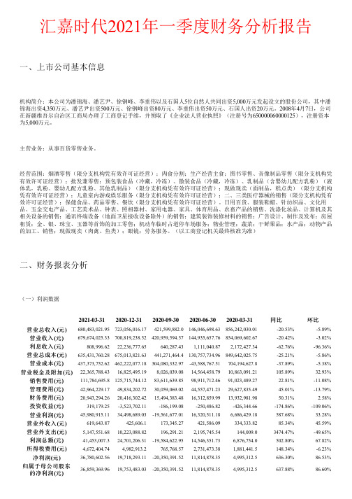 汇嘉时代2021年一季度财务分析报告