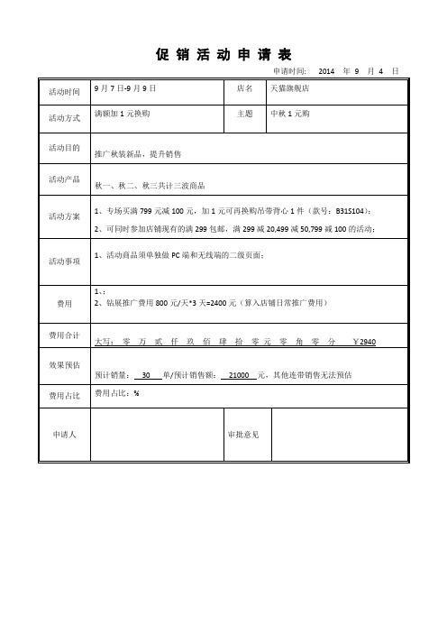 电商部天猫旗舰店促销申请表(范本)