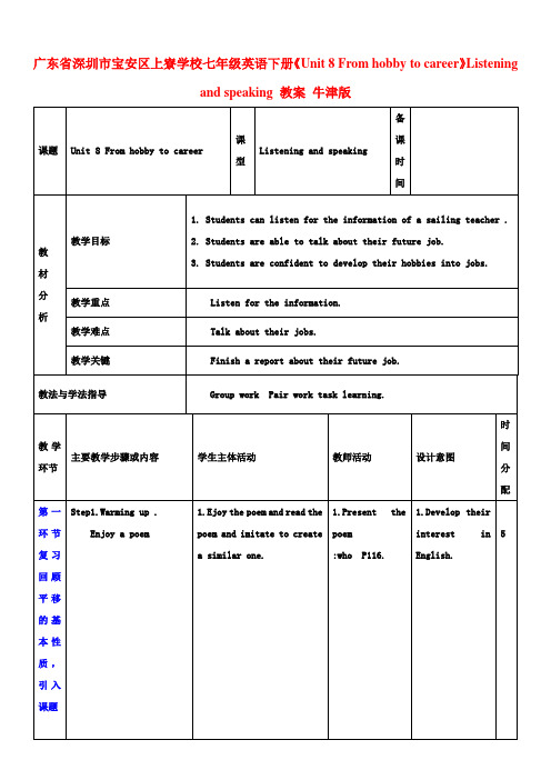 七年级英语下册《Unit 8 From hobby to career》Listening and speaking 教案 牛津版