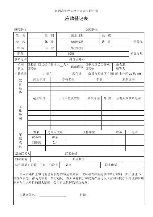 应聘登记表(正反两面)