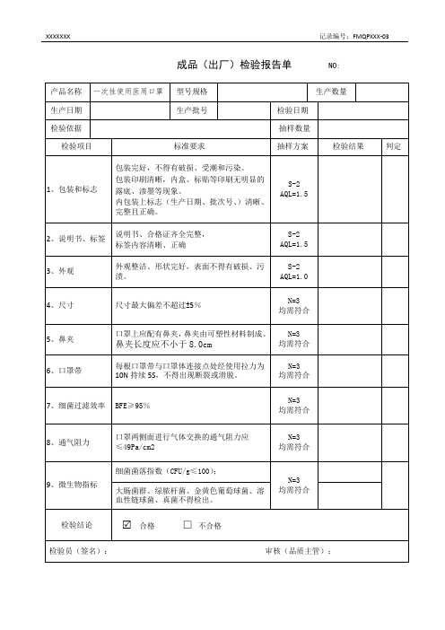 口罩 成品出厂检验报告单