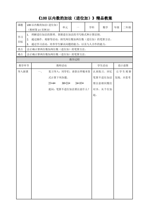 人教版小学二年级数学上册《100以内数的加法(进位加)》精品教案