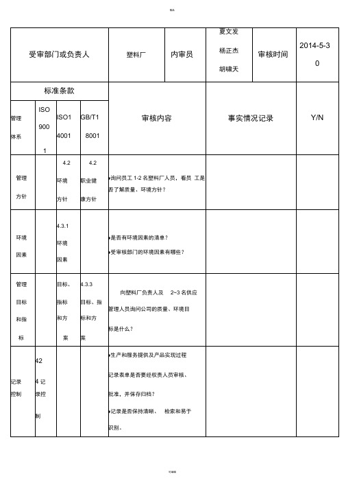 内部审核检查表(塑料厂)