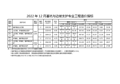 2022年12月基坑与边坡支护专业工程造价指标