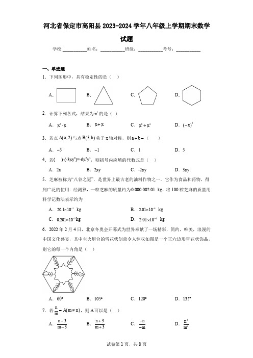 河北省保定市高阳县2023-2024学年八年级上学期期末数学试题