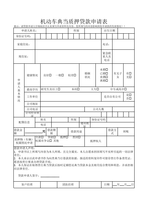 机动车典当质押贷款申请表