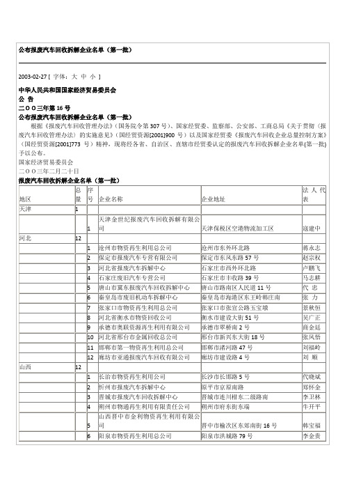 公布报废汽车回收拆解企业名单(第一批)