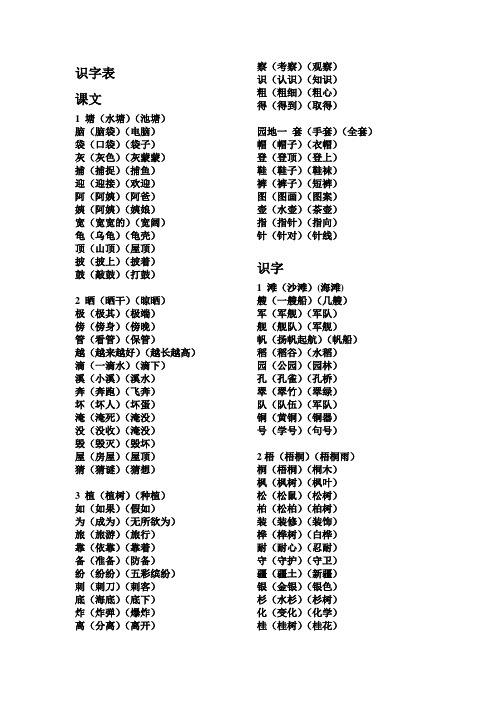 部编人教版二年级上册语文全册生字组词(2017最新审定)