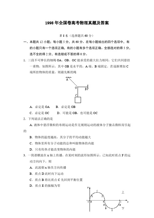 1998年全国卷高考物理真题及答案