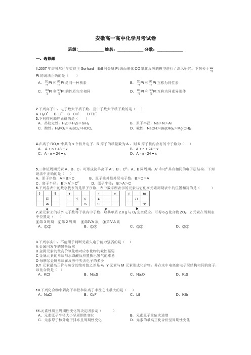 安徽高一高中化学月考试卷带答案解析
