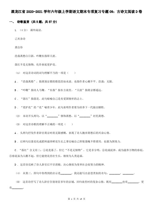 黑龙江省2020-2021学年六年级上学期语文期末专项复习专题09：古诗文阅读D卷