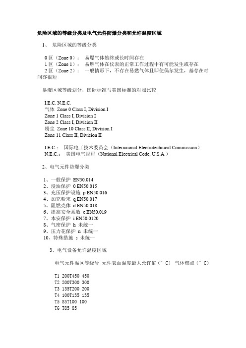 危险区域的等级分类及电气元件防爆分类和允许温度区域