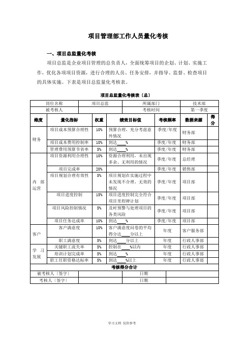 项目管理部工作人员量化考核